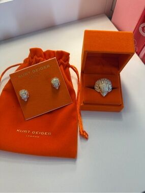 Kurt Geiger Silver Wing Motif Ring and Stud Earring Set - Orange Accents